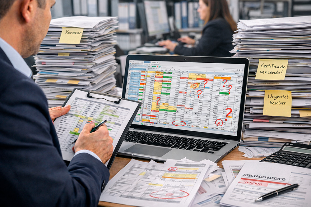 Profissional de RH analisando gestão documental trabalhista com sistema automatizado substituindo planilhas