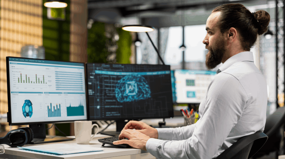 Gestão corporativa com inteligência artificial e dados.