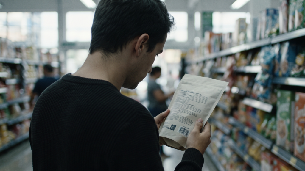 Consumidor escolhe alimentos saudáveis em supermercado, priorizando produtos com menos açúcar, sódio e aditivos, segundo pesquisa da Ecglobal. Foto / Divulgação: Gerada por Inteligência Artificial 