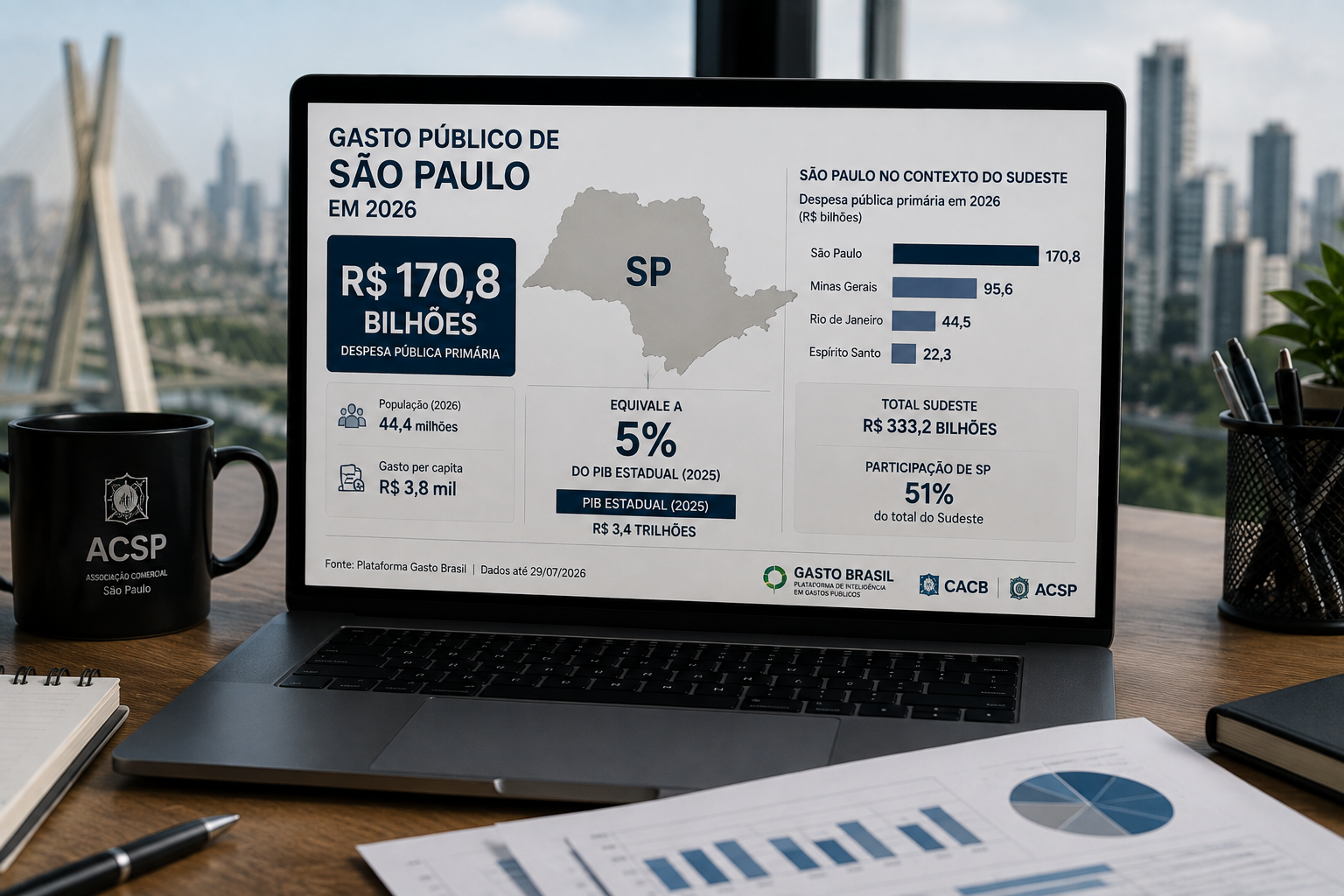 Despesa pública de São Paulo atinge R$ 170,8 bilhões e equivale a 5% do PIB estadual