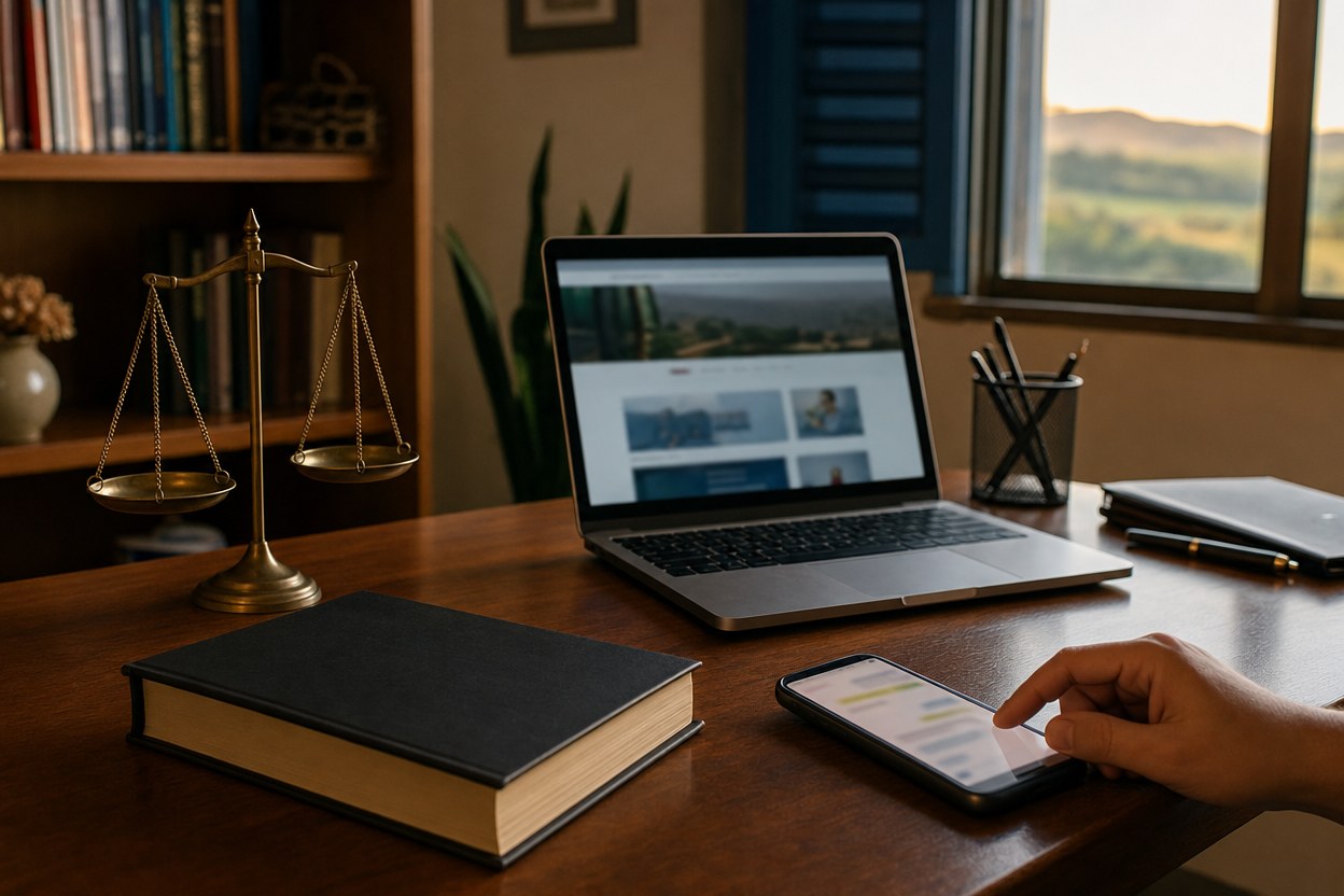 Mesa de advocacia com balança da justiça, livro, notebook e celular
